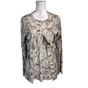 Judith Hart Cardigan Tank Sweater Twinset size Medium Gray Ivory Paisley Silk
